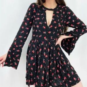 Free People Tegan Mini Swing Dress One Size Floral Boho Chic Multicolor